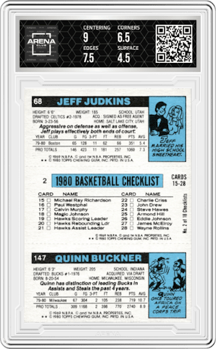 Quinn Buckner/Marques Johnson/Jeff Judkins from the 1980-81 Topps set graded by Arena Club and given an overall grade of 5.