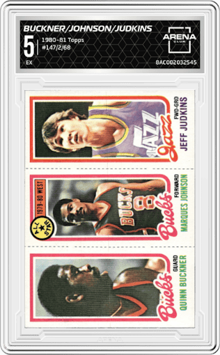 Quinn Buckner/Marques Johnson/Jeff Judkins from the 1980-81 Topps set graded by Arena Club and given an overall grade of 5.