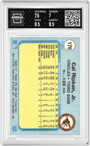 Cal Ripken Jr. from the 1982 Fleer set graded by Arena Club and given an overall grade of 7.5.