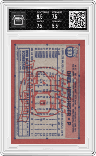 Orel Hershiser from the 1991 Topps set featuring a Desert Shield parallel graded by Arena Club and given an overall grade of 6.