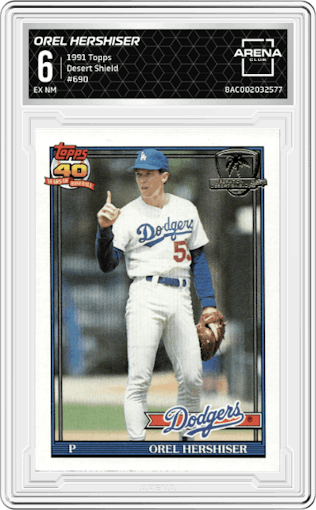 Orel Hershiser from the 1991 Topps set featuring a Desert Shield parallel graded by Arena Club and given an overall grade of 6.