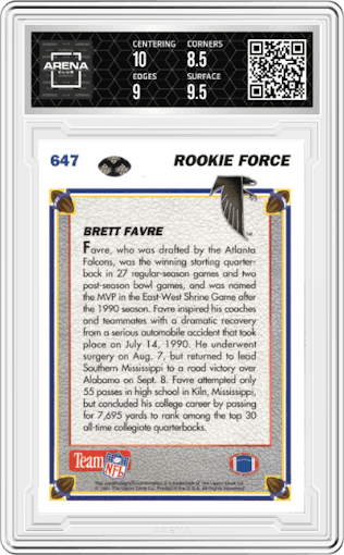 Brett Favre from the 1991 Upper Deck set graded by Arena Club and given an overall grade of 9.