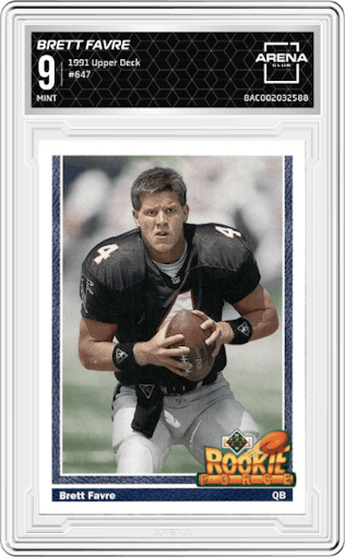 Brett Favre from the 1991 Upper Deck set graded by Arena Club and given an overall grade of 9.