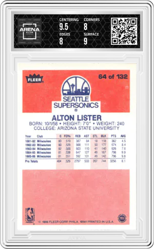 Alton Lister from the 1986-87 Fleer set graded by Arena Club and given an overall grade of 8.5.