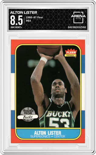 Alton Lister from the 1986-87 Fleer set graded by Arena Club and given an overall grade of 8.5.