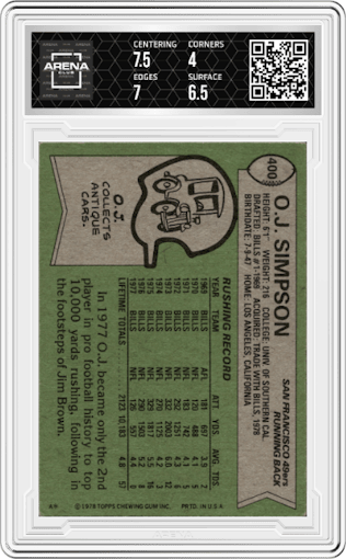 O.J. Simpson from the 1978 Topps set graded by Arena Club and given an overall grade of 4.5.