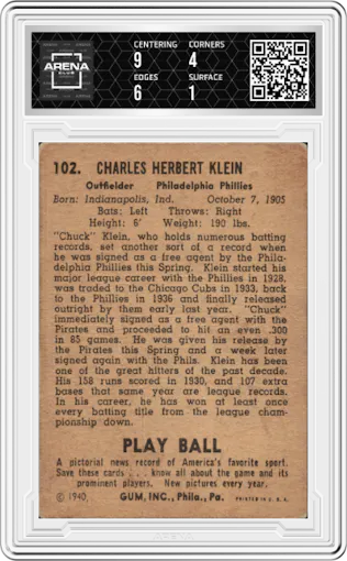 Chuck Klein from the 1940 Play Ball set graded by Arena Club.