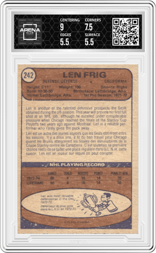 Len Frig from the 1974-75 O-Pee-Chee set graded by Arena Club and given an overall grade of 6.