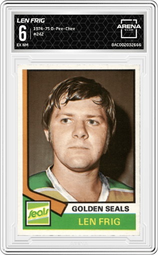 Len Frig from the 1974-75 O-Pee-Chee set graded by Arena Club and given an overall grade of 6.