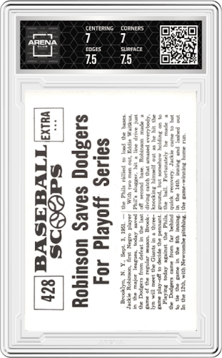 Jackie Robinson from the 1961 NU-Card Scoops  set graded by Arena Club and given an overall grade of 7.5.