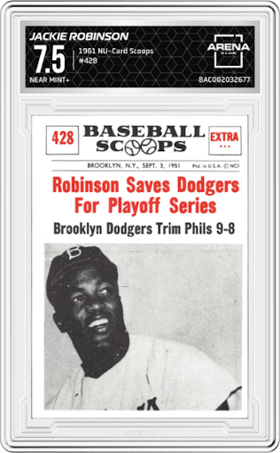 Jackie Robinson from the 1961 NU-Card Scoops  set graded by Arena Club and given an overall grade of 7.5.