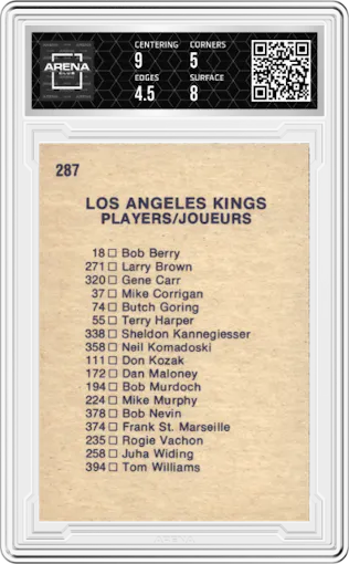 Los Angeles Kings from the 1974-75 O-Pee-Chee set graded by Arena Club and given an overall grade of 5.