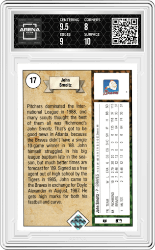 John Smoltz from the 1989 Upper Deck set graded by Arena Club and given an overall grade of 8.5.