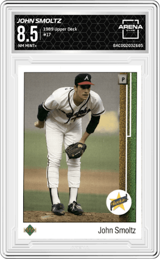 John Smoltz from the 1989 Upper Deck set graded by Arena Club and given an overall grade of 8.5.