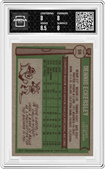 Dennis Eckersley from the 1976 Topps set graded by Arena Club and given an overall grade of 8.