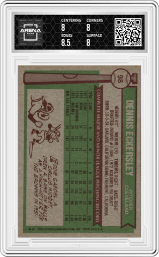 Dennis Eckersley from the 1976 Topps set graded by Arena Club and given an overall grade of 8.