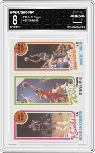 Micheal Ray Richardson/Steve Mix/Robert Parish from the 1980-81 Topps set graded by Arena Club and given an overall grade of 8.