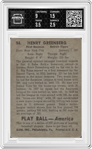 HENRY GREENBERG from the 1939 Play Ball set graded by Arena Club and given an overall grade of 2.