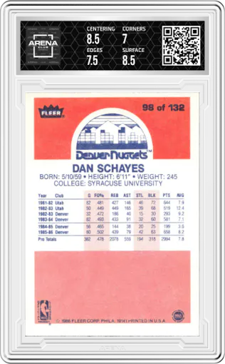 Danny Schayes from the 1986-87 Fleer set graded by Arena Club and given an overall grade of 7.5.