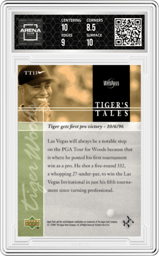 Tiger Woods from the 2001 Upper Deck set graded by Arena Club and given an overall grade of 9.