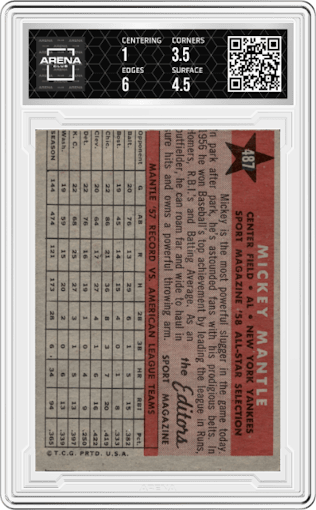 Mickey Mantle from the 1958 Topps set graded by Arena Club.