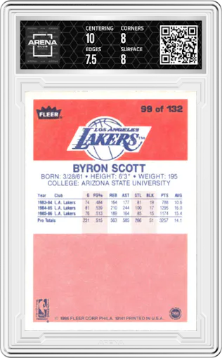 Byron Scott from the 1986-87 Fleer set graded by Arena Club and given an overall grade of 8.