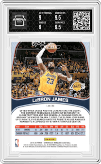 LeBron James from the 2019-20 Panini Chronicles  set graded by Arena Club and given an overall grade of 9.5.