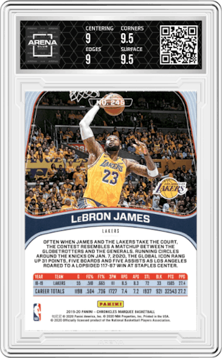 LeBron James from the 2019-20 Panini Chronicles  set graded by Arena Club and given an overall grade of 9.5.