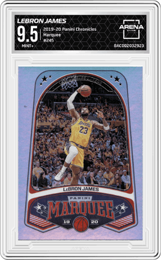 LeBron James from the 2019-20 Panini Chronicles  set graded by Arena Club and given an overall grade of 9.5.