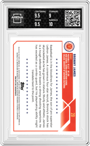 Bronny James from the 2023 Topps Chrome McDonald's All American set graded by Arena Club and given an overall grade of 9.5.