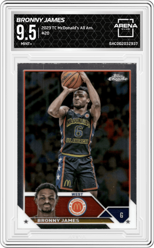 Bronny James from the 2023 Topps Chrome McDonald's All American set graded by Arena Club and given an overall grade of 9.5.