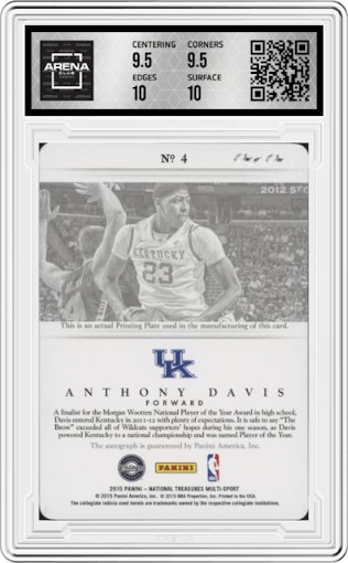 Anthony Davis from the 2015 Panini National Treasures College set featuring a Printing Plate parallel graded by Arena Club and given an overall grade of 10.