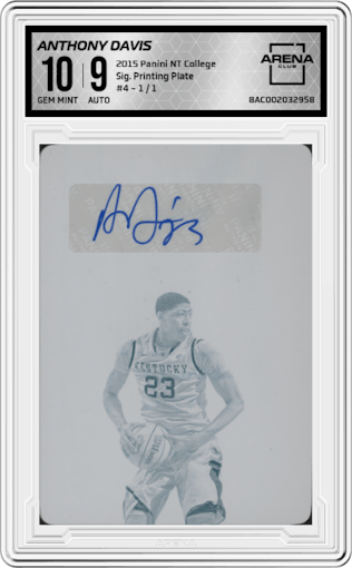 Anthony Davis from the 2015 Panini National Treasures College set featuring a Printing Plate parallel graded by Arena Club and given an overall grade of 10.