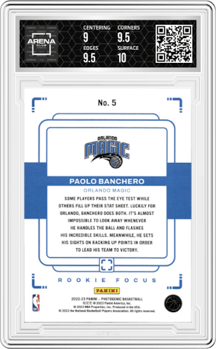 Paolo Banchero from the 2022-23 Panini Photogenic set graded by Arena Club and given an overall grade of 9.5.