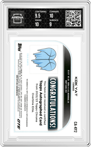 Kok Yat from the 2022-23 Topps Chrome OTE Overtime Elite set graded by Arena Club and given an overall grade of 9.5.