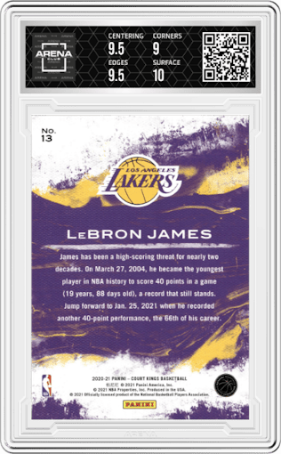 LeBron James from the 2020-21 Panini Court Kings set graded by Arena Club and given an overall grade of 9.5.