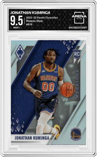 Jonathan Kuminga from the 2021-22 Panini Chronicles set featuring a Silver parallel graded by Arena Club and given an overall grade of 9.5.