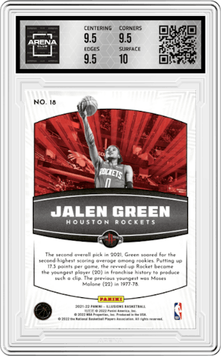 Jalen Green from the 2021-22 Panini Illusions set featuring a Asia Red/Yellow parallel graded by Arena Club and given an overall grade of 10.