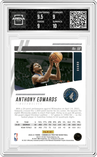 Anthony Edwards from the 2020-21 Panini Chronicles set graded by Arena Club and given an overall grade of 9.5.
