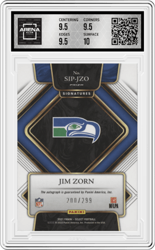 Jim Zorn from the 2021 Panini Select set graded by Arena Club and given an overall grade of 10.