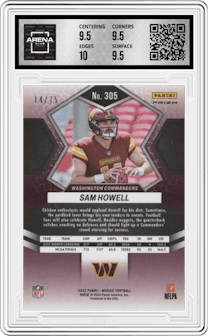 Sam Howell from the 2022 Panini Mosaic set featuring a No Huddle Blue parallel graded by Arena Club and given an overall grade of 10.