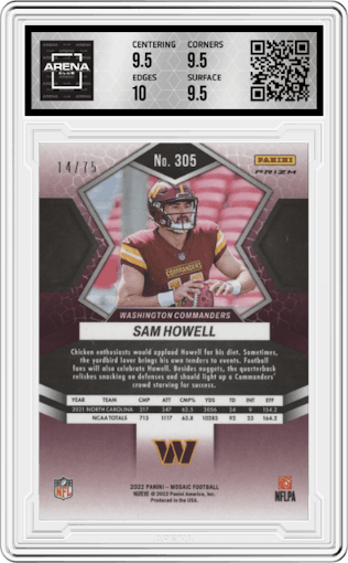 Sam Howell from the 2022 Panini Mosaic set featuring a No Huddle Blue parallel graded by Arena Club and given an overall grade of 10.