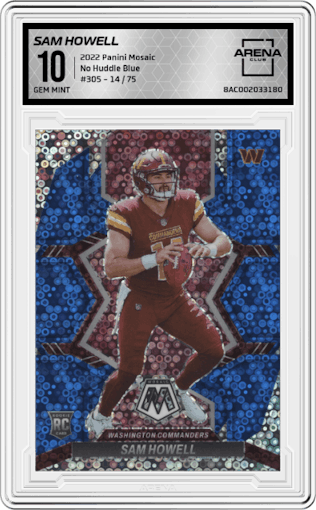 Sam Howell from the 2022 Panini Mosaic set featuring a No Huddle Blue parallel graded by Arena Club and given an overall grade of 10.