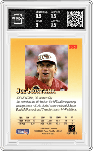 Joe Montana from the 1995 Playoff Prime set graded by Arena Club and given an overall grade of 9.
