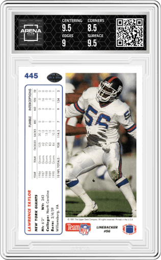Lawrence Taylor from the 1991 Upper Deck set graded by Arena Club and given an overall grade of 9.