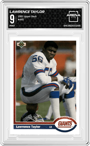 Lawrence Taylor from the 1991 Upper Deck set graded by Arena Club and given an overall grade of 9.