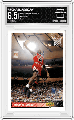 Michael Jordan from the 1992-93 Upper Deck  set featuring a Variation parallel graded by Arena Club and given an overall grade of 6.5.