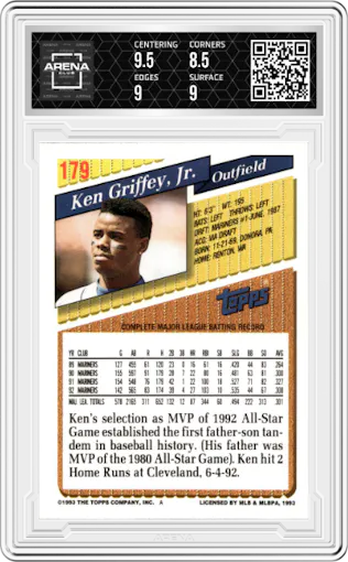 Ken Griffey Jr. from the 1993 Topps set graded by Arena Club and given an overall grade of 9.