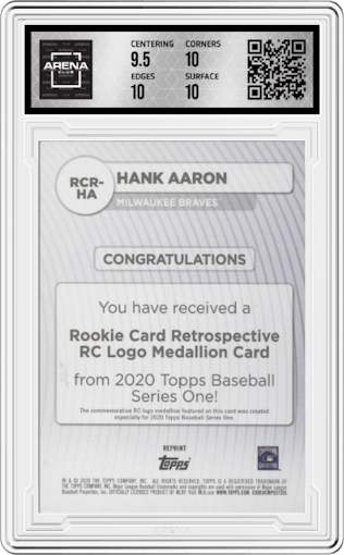 Hank Aaron from the 2020 Topps Series 1 set graded by Arena Club and given an overall grade of 10.