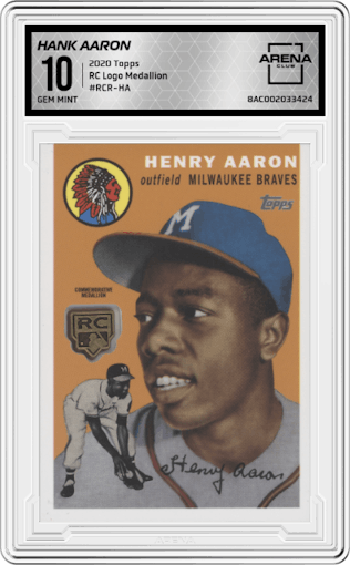 Hank Aaron from the 2020 Topps Series 1 set graded by Arena Club and given an overall grade of 10.